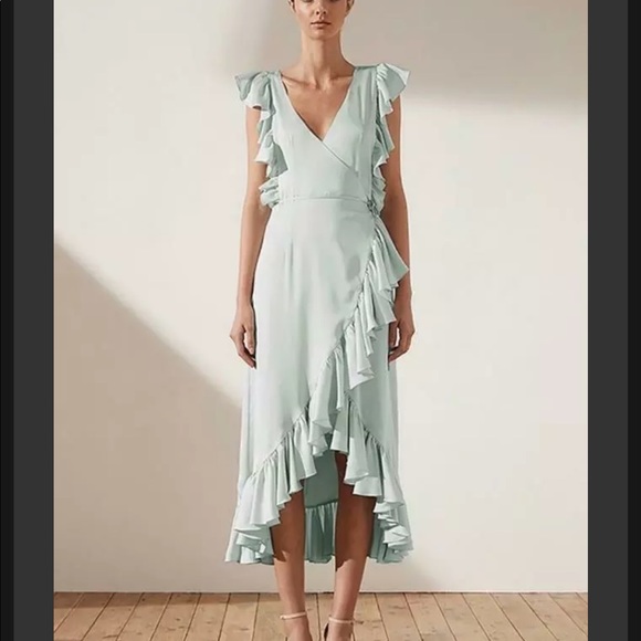 SHONA JOY Zephyr Seafoam Crepe Ruffle Wrap Midi Dress Sz 6 $329 - Picture 1 of 5